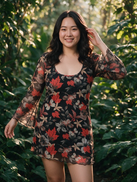 Generated campaign shot, printed mesh dress