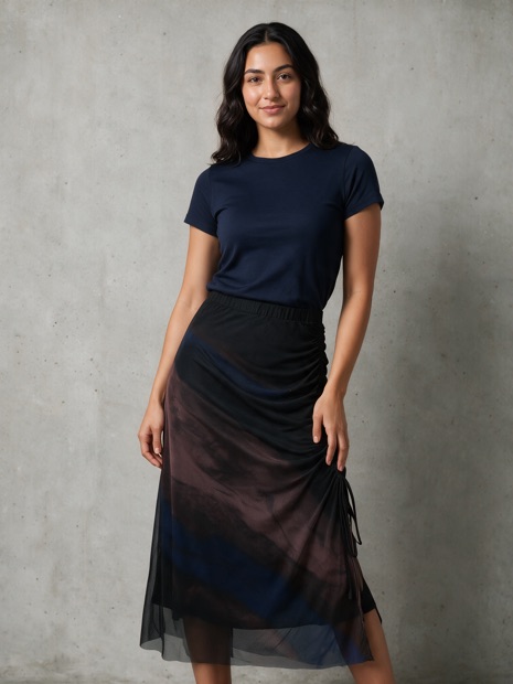 Generated campaign shot, ruched mesh skirt