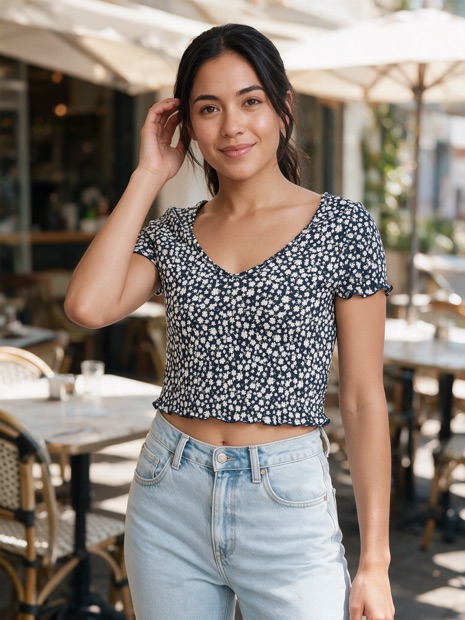 Generated campaign shot, ditsy floral top