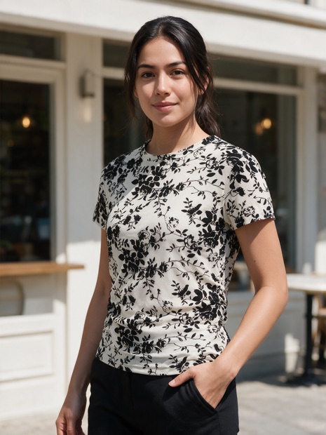 Generated campaign shot, monochrome floral tee