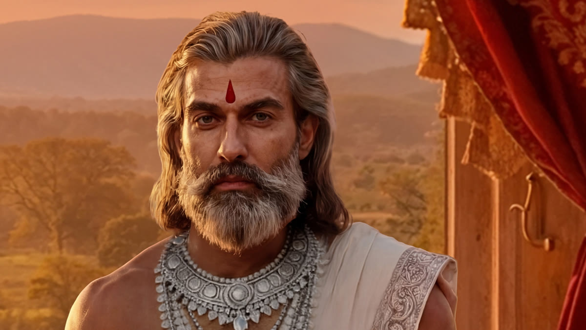 A king in silver and gold at sunset, approved still from Mahabharat season one