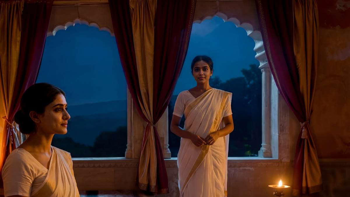 Two women at a window at dusk, approved still from Mahabharat season one