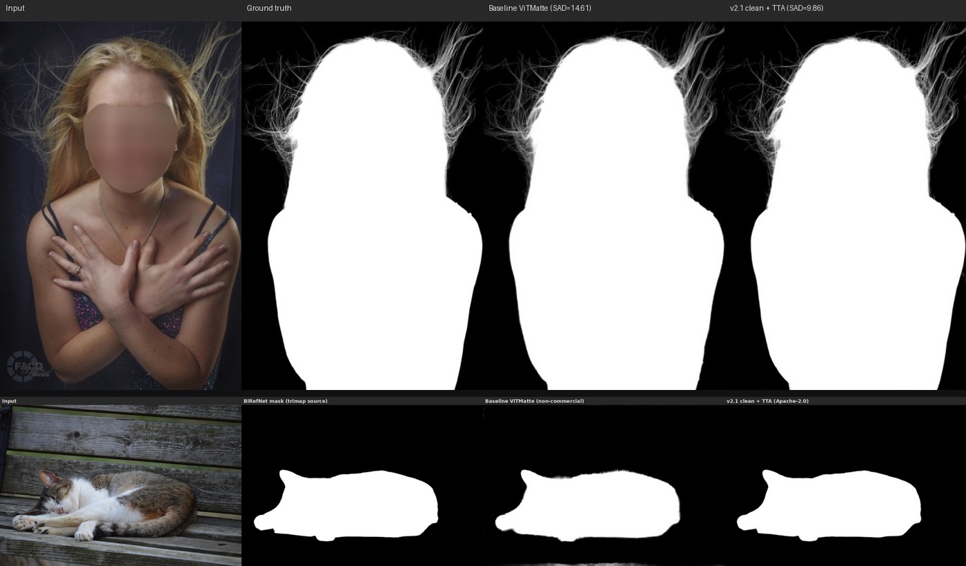 Matte comparison — input, ground truth, research baseline and my v2.1 on a flyaway-hair portrait and a cat, with SAD scores