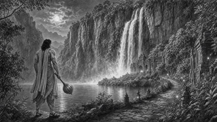 Storyboard SHOT 30 — moonlit lake and waterfall, Bhim at the shore