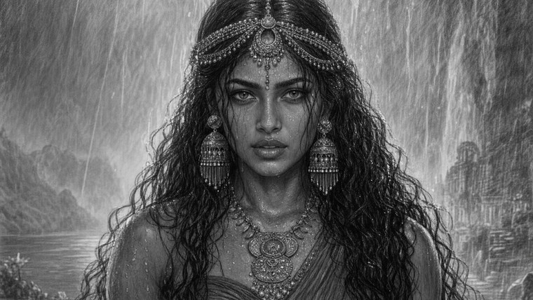 Storyboard SHOT 50 — close-up of Hidimba beneath the falls